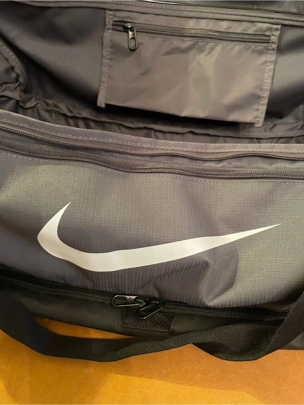 Nike Gray Duffel Bag with White Swoosh and Black Accents(NWOT)
